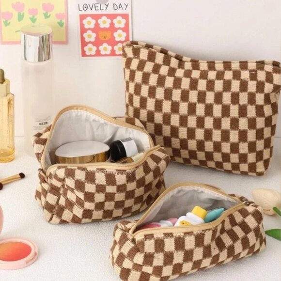 Brand New Small Brown and Cream Checkered Fabric Pouch - Picture 6 of 6